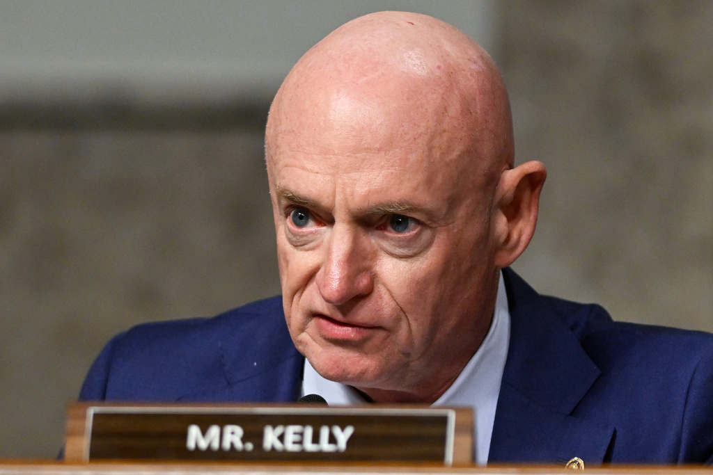 FILE - Sen. Mark Kelly, D-Ariz., speaks during a Senate Intelligence Committee hearing, at the Capitol in Washington, Jan. 15, 2025. (AP Photo/John McDonnell, File)