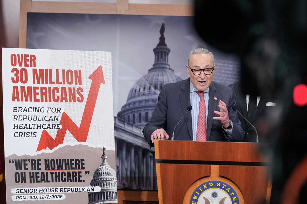 Senate Minority Leader Chuck Schumer of N.Y., speaks during a news conference on health care costs on Capitol Hill, Thursday, Dec. 11, 2025, in Washington. (AP Photo/Mariam Zuhaib)