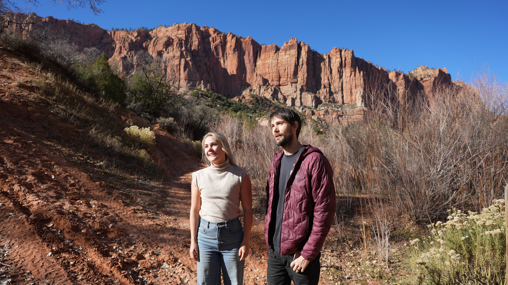 Gabby Olsen and Dion Obermeyer, owners of Rock Odysseys, speak during an interview Friday, Dec. 5, 2025, in Hildale, Utah. (AP Photo/Rick Bowmer)