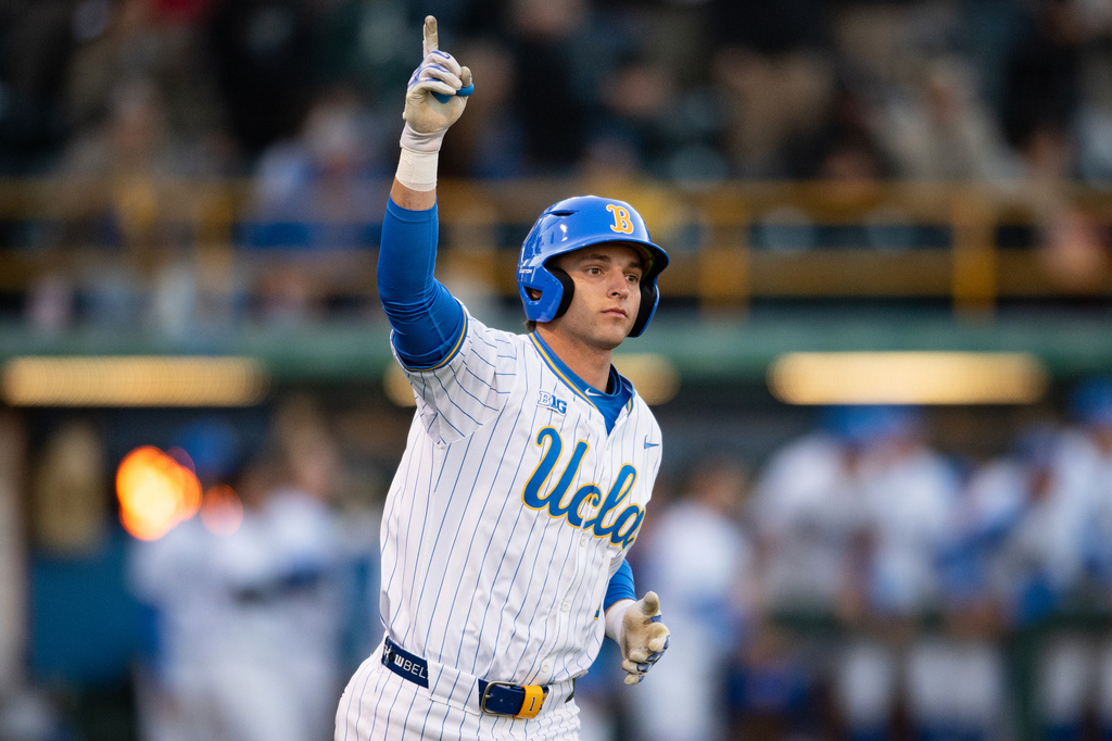 FILE - UCLA's Roch Cholowsky reacts after hitting a home run during an NCAA baseball game against Texas Christian, Feb. 20, 2025, in Los Angeles. (AP Photo/Kyusung Gong, File)