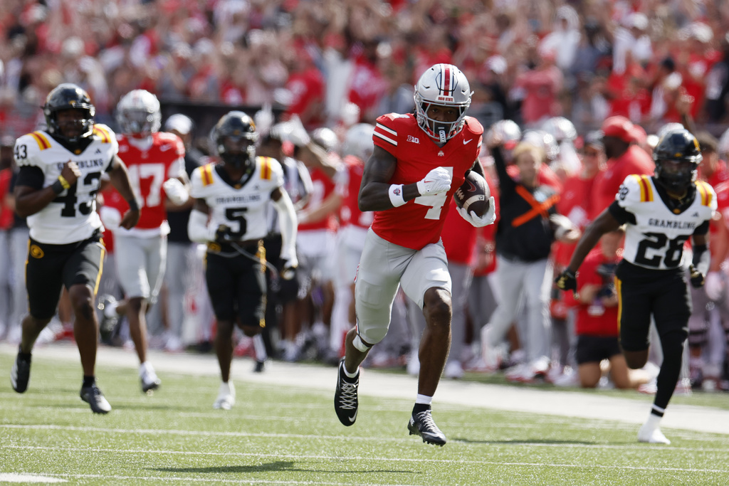 Ohio State receiver Jeremiah Smith outruns the Grambling State defense to score a touchdown during the first half of an NCAA college football game, Saturday, Sept. 6, 2025, in Columbus, Ohio. (AP Photo/Jay LaPrete)