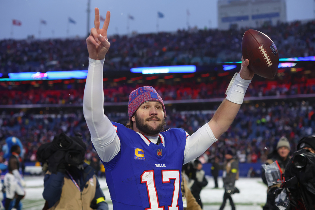 Buffalo Bills quarterback Josh Allen gestures as he walks from the field after an NFL football game against the Cincinnati Bengals, Sunday, Dec. 7, 2025, in Orchard Park, N.Y. (AP Photo/Jeffrey T. Barnes)