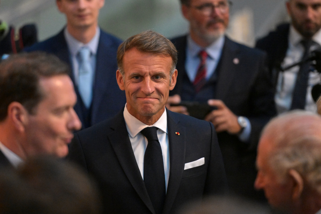 French President Emmanuel Macron attends the viewing of the Bayeux Tapestry at the British Museum in London, Wednesday, Sept. 2, 2026. (AP Photo/Thomas Krych, Pool)