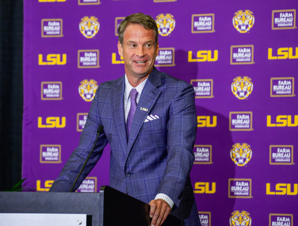 LSU's new head football coach Lane Kiffin gives an opening statement at an introductory news conference, Monday, Dec. 1, 2025, in Baton Rouge, La. (Michael Johnson/The Advocate via AP)