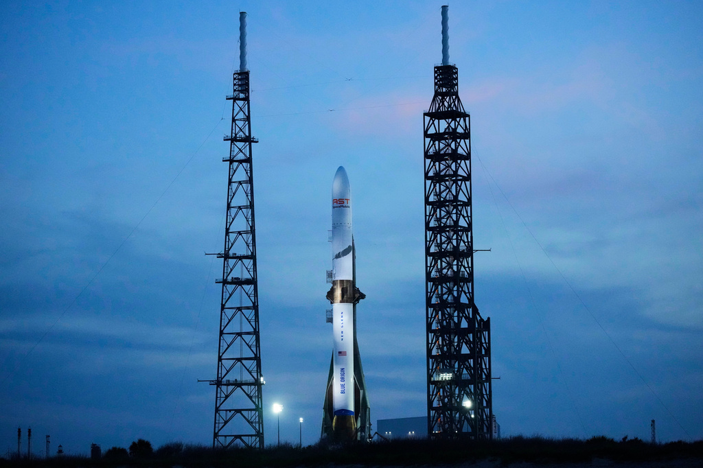 FILE - A Blue Origin New Glenn rocket stands ready for launch at the Cape Canaveral Space Force station in Cape Canaveral, Fla., April 18, 2026. (AP Photo/John Raoux, File)