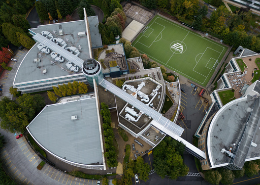 The EA Sports logo is seen on a soccer pitch at the Electronic Arts' office and studio complex, in Burnaby, British Columbia, Monday, Sept. 29, 2025. (Darryl Dyck/The Canadian Press via AP) The EA Sports logo is seen on a soccer pitch at the Electronic Arts' office and studio complex, in Burnaby, British Columbia, Monday, Sept. 29, 2025. (Darryl Dyck/The Canadian Press via AP)