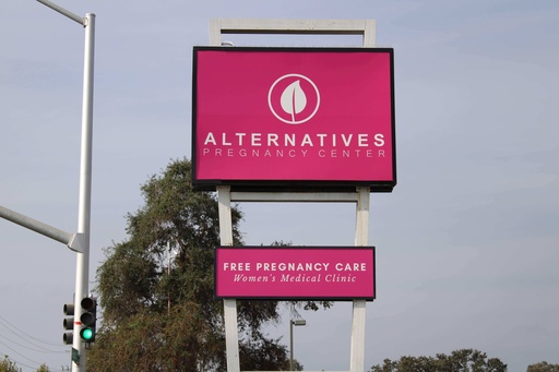 A sign for the Alternatives Pregnancy Center in Sacramento, Calif., is seen on Friday, Oct. 24, 2025. (AP Photo/Sophie Austin) A sign for the Alternatives Pregnancy Center in Sacramento, Calif., is seen on Friday, Oct. 24, 2025. (AP Photo/Sophie Austin)