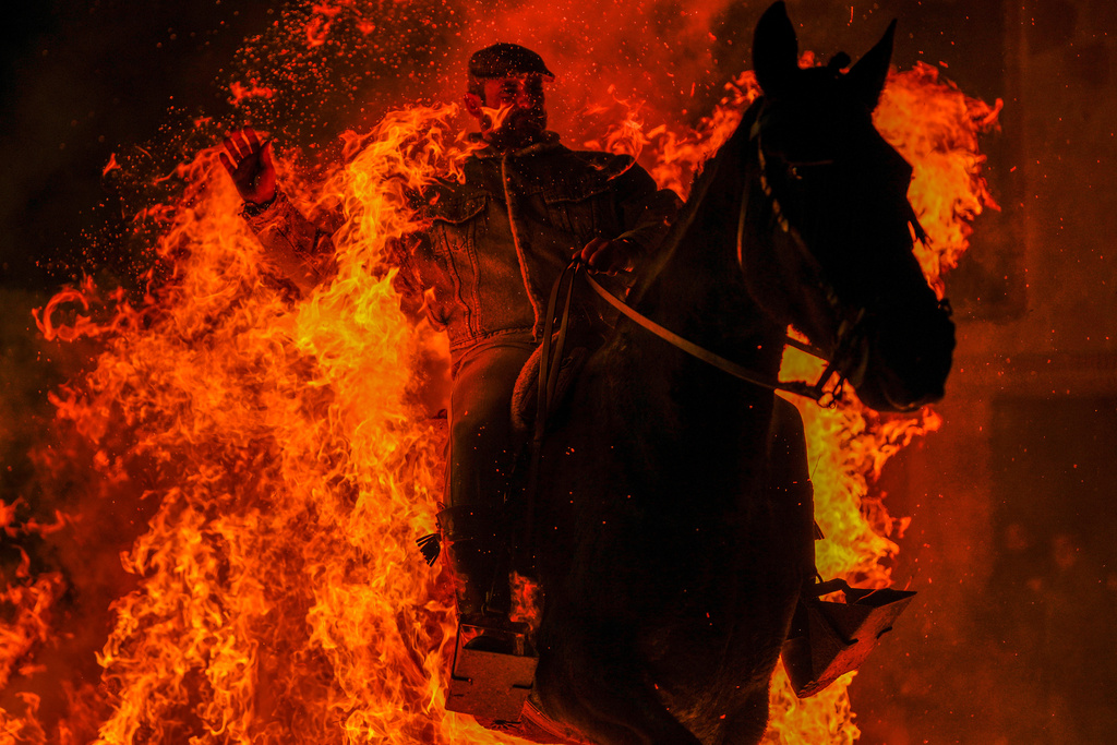 A man rides a horse through a bonfire as part of a ritual in honor of Saint Anthony the Abbot, the patron saint of domestic animals, in San Bartolome de Pinares, Spain, Jan. 16, 2025. (AP Photo/Manu Fernandez, File)