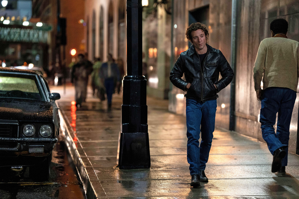 This image released by 20th Century Studios shows Jeremy Allen White as Bruce Springsteen in a scene from "Springsteen: Deliver Me From Nowhere." (Macall Polay/20th Century Studios via AP)