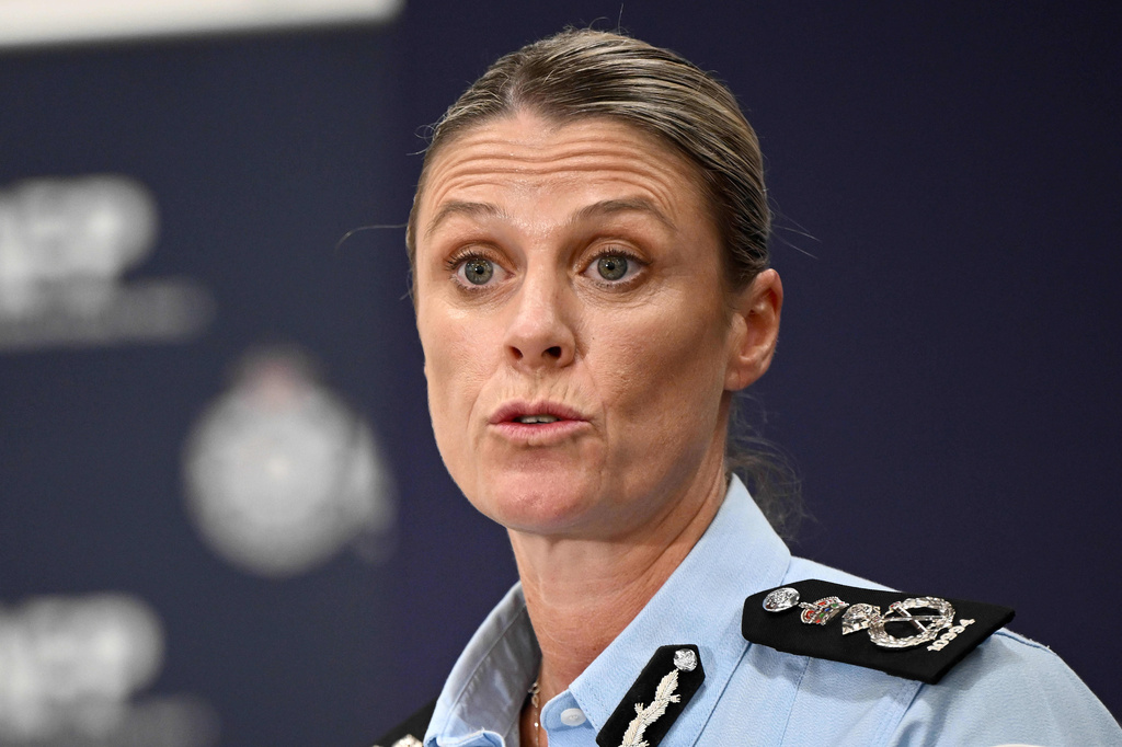 Australian Federal Police Commissioner Krissy Barrett speaks to media during a press conference following the arrest of former Australian soldier in Sydney, Tuesday, April 7, 2026. (Bianca De Marchi/AAP Image via AP)