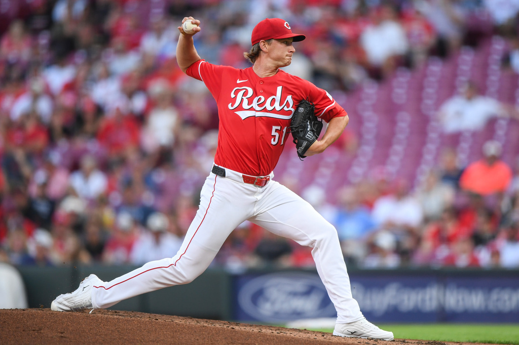 Cincinnati Reds' Brady Singer pitches during the second inning of a baseball game against the Cincinnati Reds in Cincinnati, Wednesday, July 29, 2026. (AP Photo/Tanner Pearson)