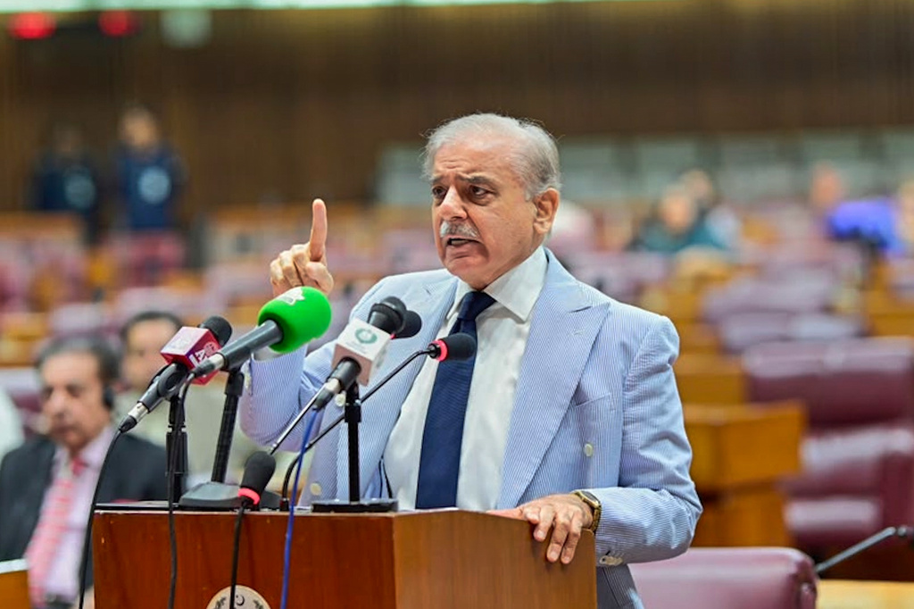 In this photo released by the Pakistan Prime Minister Office, Prime Minister Shehbaz Sharif speaks on the U.S.'s conflict with Iran, during a assembly session in the parliament in Islamabad, Pakistan, Monday, June 15, 2026. (Pakistan Prime Minister Office via AP)