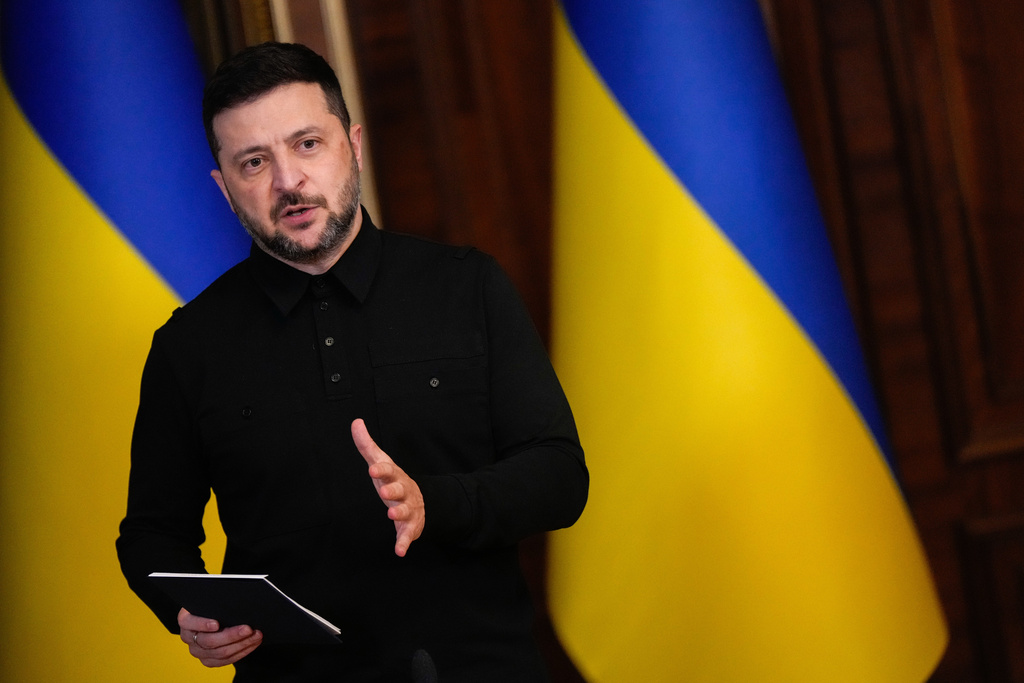 Ukraine's President Volodymyr Zelenskyy speaks during a news conference with High Representative of the European Union for Foreign Affairs and Security Policy Kaja Kallas, not pictured, Monday, Oct. 13, 2025, in Kyiv, Ukraine. (AP Photo/Julia Demaree Nikhinson)