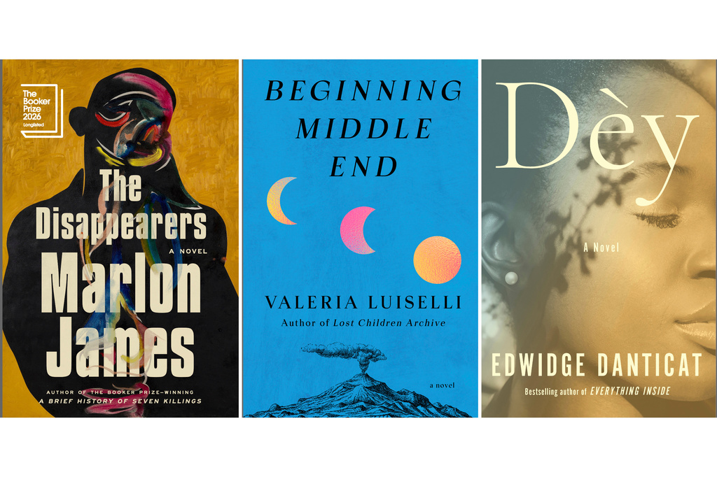 This combination of book cover images show "The Disappearers" by Marlon James, left, "Beginning Middle End" by Valeria Luiselli, center, and "Dèy" by Edwidge Danticat. ( Riverhead/Knopf/Knopf via AP)