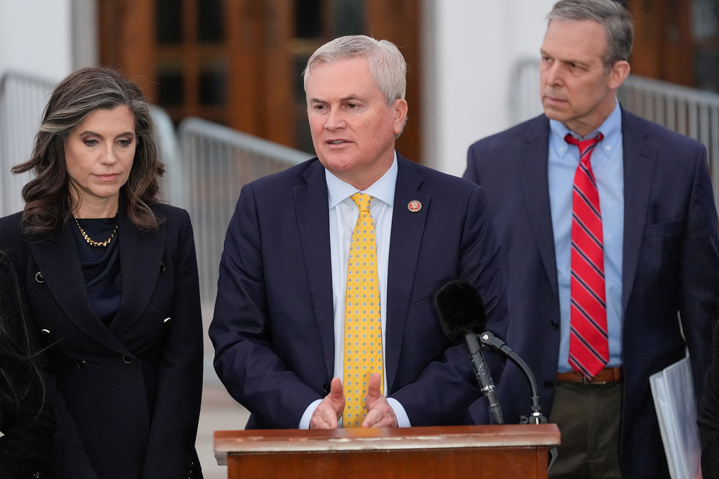 Rep. James Comer, R-KY, speaks outside the Chappaqua Performing Arts Center after a deposition by former Secretary of State Hillary Clinton who was testifying before U.S. House lawmakers as part of a congressional investigation into convicted sex offender Jeffrey Epstein, Thursday, Feb. 26, 2026, in Chappaqua, N.Y. (AP Photo/Yuki Iwamura)