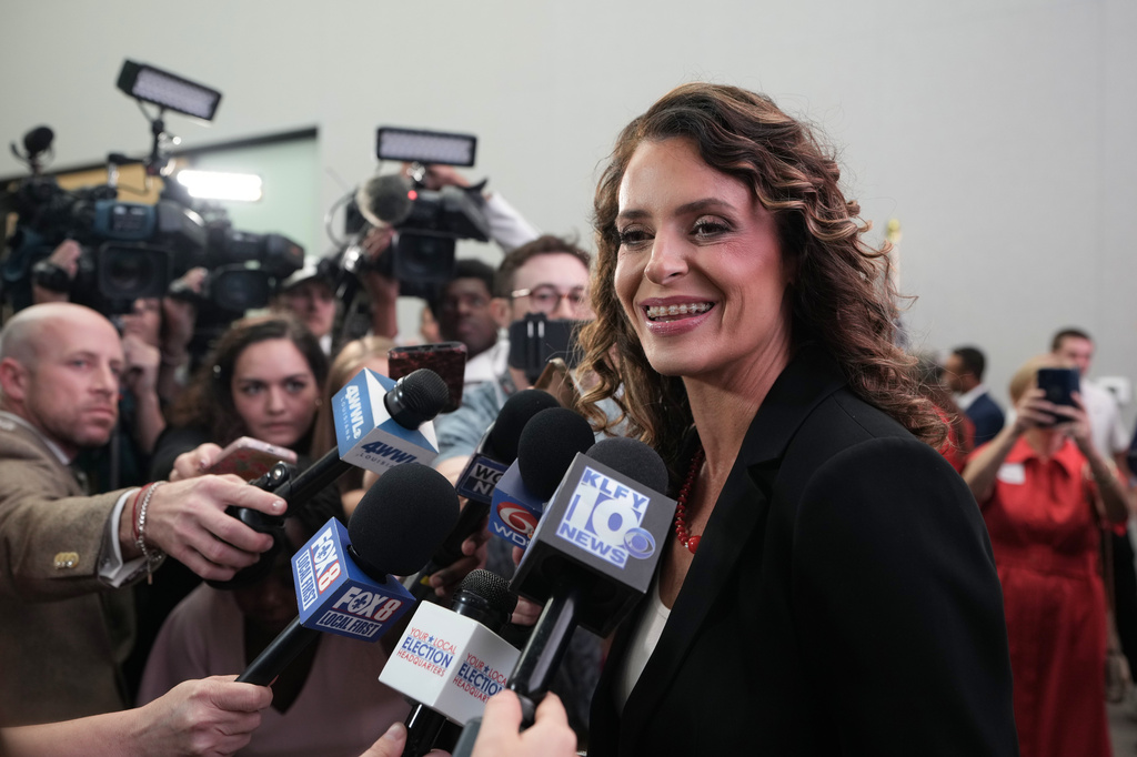 U.S. Senate candidate Rep. Julia Letlow, R-La., speaks to media during an election night watch party Saturday, May 16, 2026, in Baton Rouge, La. (AP Photo/Matthew Hinton)