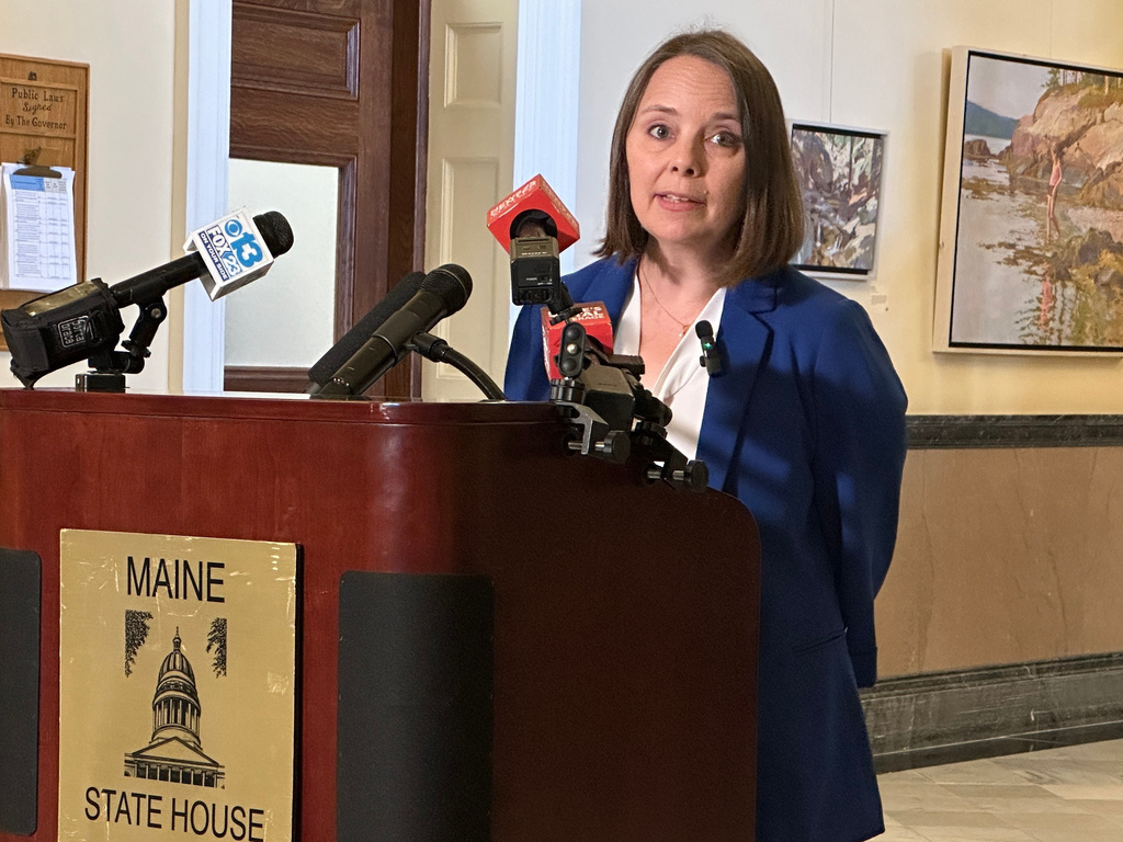 FILE - Maine Secretary of State Shenna Bellows speaks at a news conference, Oct. 6, 2025 at the Maine State House in Augusta. (AP Photo/Patrick Whittle, File)