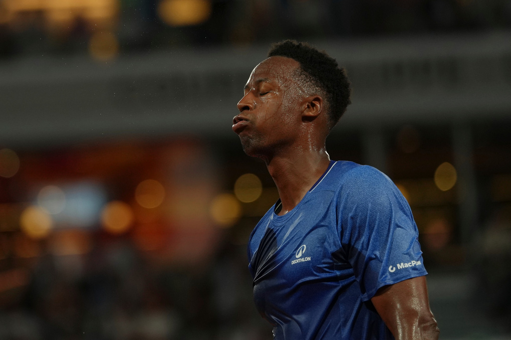 Gael Monfils of France reacts as he plays against Hugo Gaston of France during their first round men's singles tennis match at the French Open tennis tournament in Paris, Monday, May 25, 2026. (AP Photo/Aurelien Morissard)