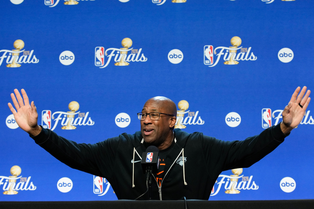 New York Knicks head coach Mike Brown speaks during a news conference prior to Game 5 of the NBA Finals basketball series against the San Antonio Spurs, Friday, June 12, 2026, in San Antonio. (AP Photo/Ross D. Franklin)