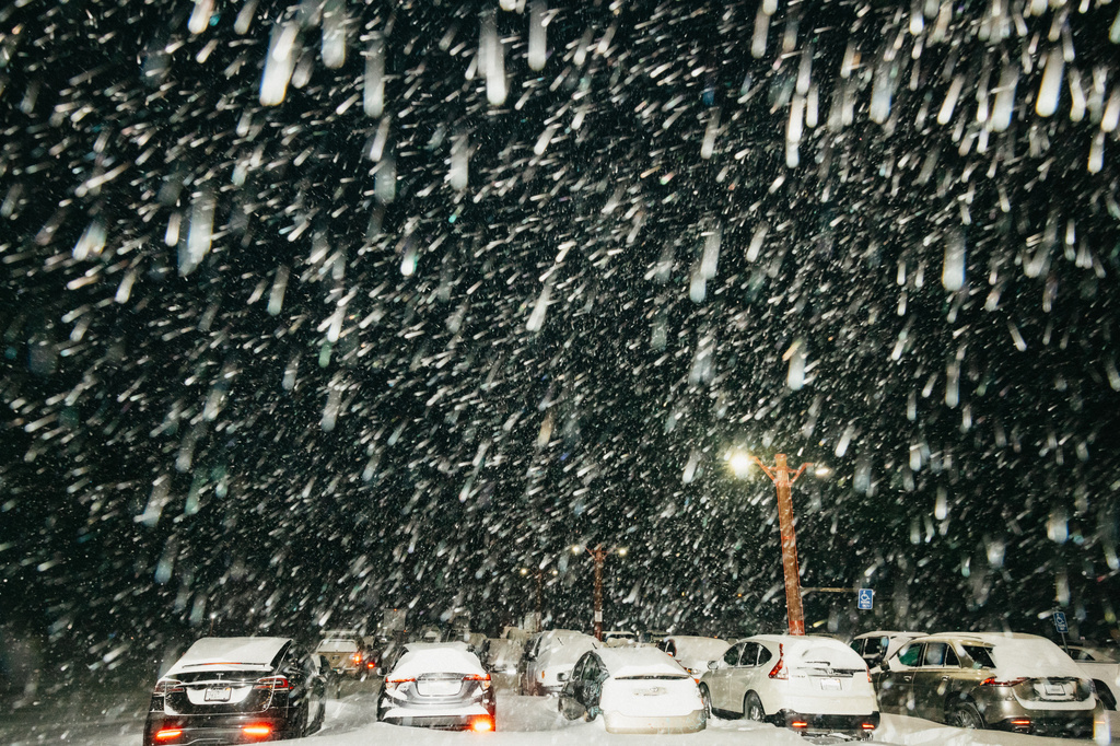 This photo provided by the Mammoth Mountain Ski Resort shows snow falling on the resort during a winter storm Sunday, April 12, 2026. (Peter Morning/Mammoth Mountain Ski Resort via AP)
