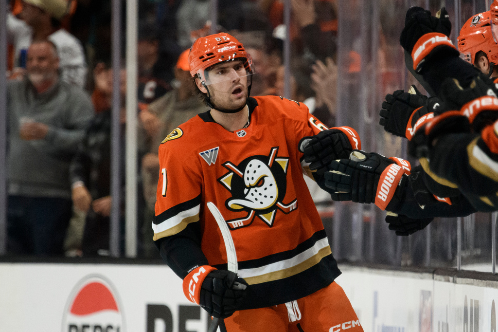 FILE - Anaheim Ducks left wing Cutter Gauthier celebrates his goal with the bench during the second period of Game 4 in the first round of an NHL hockey Stanley Cup playoff series against the Edmonton Oilers, on April 26, 2026, in Anaheim, Calif. (AP Photo/Kyusung Gong, File)