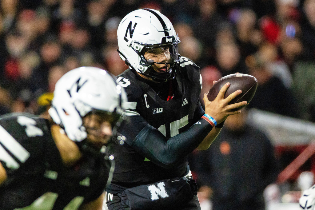 Nebraska quarterback Dylan Raiola (15) looks to pass against Southern California during the first half of an NCAA college football game Saturday, Nov. 1, 2025, in Lincoln, Neb. (AP Photo/Bonnie Ryan)