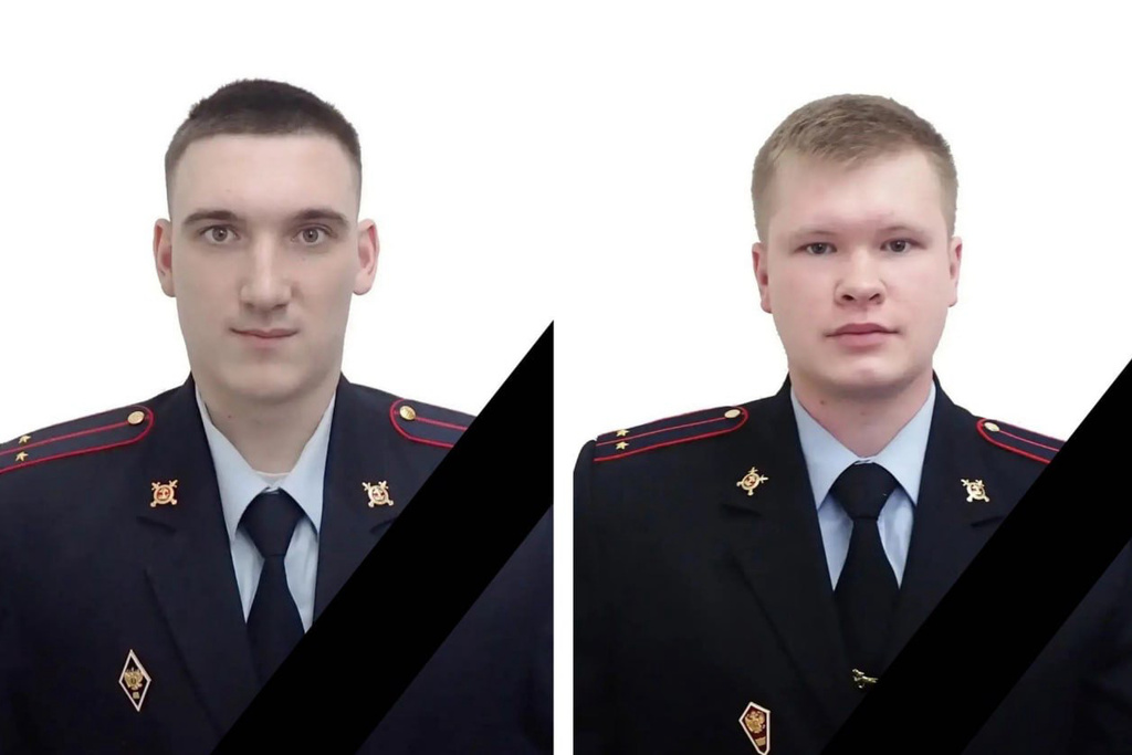 This undated photo, distributed by official telegram channel of the Ministry of Internal Affairs of Russia, shows official portraits of Russian police officers Lt. lya Klimanov and Lt. Maxim Gorbunov, who were killed in an explosion in Moscow, on Wednesday, Dec. 24, 2025. (Official telegram channel of the Ministry of Internal Affairs of Russia via AP)