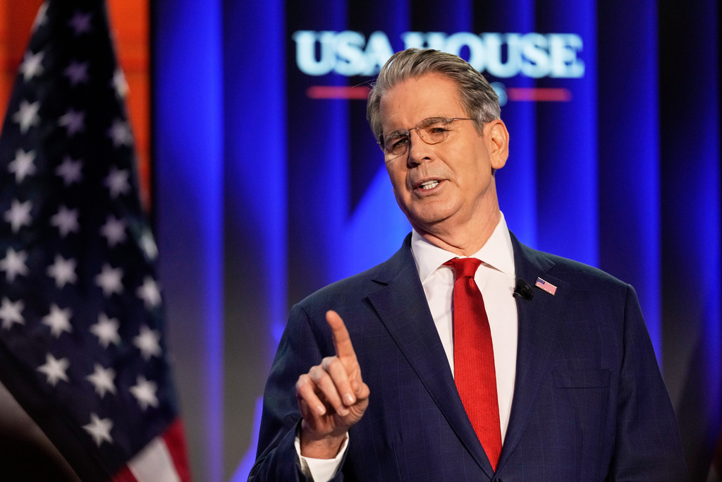 Scott Bessent, US Secretary of the Treasury, holds a speech at the USA House during the Annual Meeting of the World Economic Forum in Davos, Switzerland, Tuesday, Jan. 20, 2026. (AP Photo/Markus Schreiber)