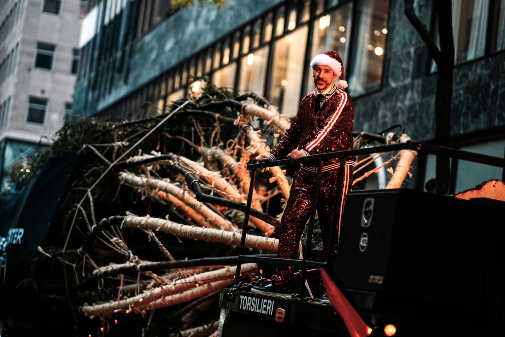 The Rockefeller Center Christmas tree arrives at Rockefeller Plaza, Saturday, Nov. 8, 2025, in New York. (AP Photo/Eduardo Munoz Alvarez)