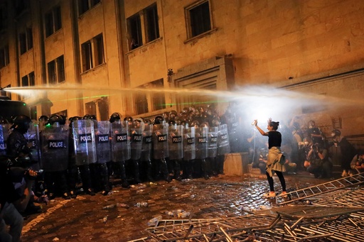 FILE - A demonstrator gestures trying to stop riot police during a protest near the parliament building in Tbilisi, Georgia, on Tuesday, April 30, 2024. (AP Photo/Zurab Tsertsvadze, File) FILE - A demonstrator gestures trying to stop riot police during a protest near the parliament building in Tbilisi, Georgia, on Tuesday, April 30, 2024. (AP Photo/Zurab Tsertsvadze, File)