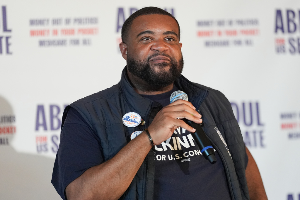 Michigan state Rep. Donavan McKinney, Democratic candidate for U.S. House of Representatives in Michigan's 13th District, speaks at a campaign rally for Abdul El-Sayed, a progressive candidate in the Democratic primary for U.S. Senate in Michigan, Monday, Aug. 3, 2026, in Detroit. (AP Photo/Julia Demaree Nikhinson)