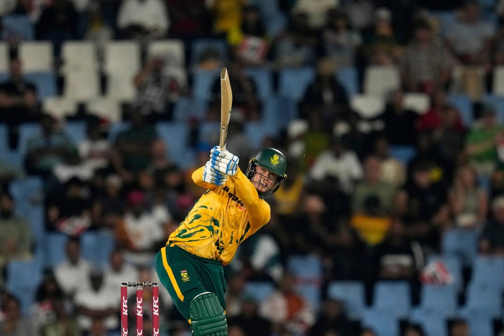 South Africa's batsman Ryan Rickelton watches on his shot during the T20 International cricket match between South Africa and West Indies, in Centurion, South Africa, Thursday, Jan. 29, 2026. (AP Photo/Themba Hadebe)