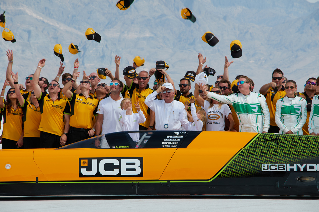 British driver Andy Green, center, and the JCB engineering team celebrate setting a new land speed record for a hydrogen-powered vehicle at the Bonneville Salt Flats in Utah, Tuesday, Aug. 11, 2026. (AP Photo/Hannah Schoenbaum)