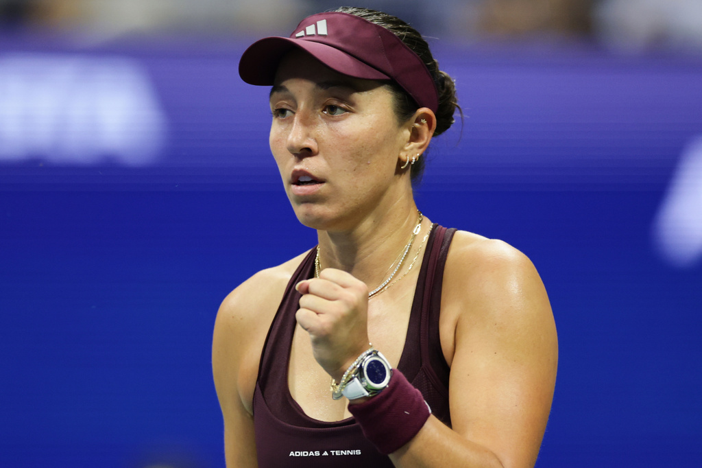 Jessica Pegula, of the United States, celebrates after a point against Emma Navarro, of the United States, during the quarterfinal round of the U.S. Open tennis championships, Tuesday, Sept. 8, 2026, in New York. (AP Photo/Adam Hunger)