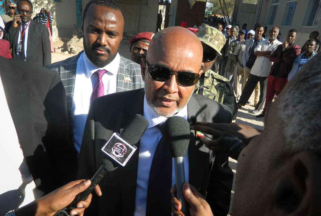 FILE - Opposition candidate Abdirahman Irro speaks to the media after casting his vote in the presidential election in Hargeisa, in the semi-autonomous region of Somaliland, in Somalia, Nov. 13, 2017. (AP Photo/Barkhad Dahir, File)