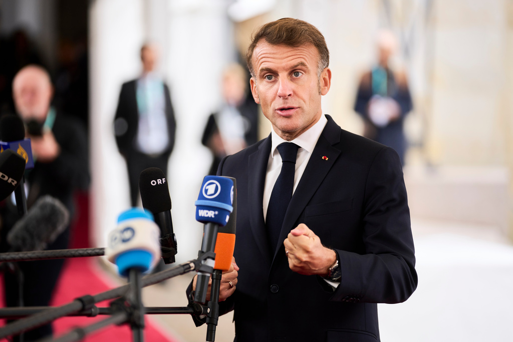 French President Emmanuel Macron arrives at an informal summit in the Danish parliament at Christiansborg Castle in Copenhagen, Wednesday, Oct. 1, 2025. (Thomas Traasdahl/Ritzau Scanpix via AP)