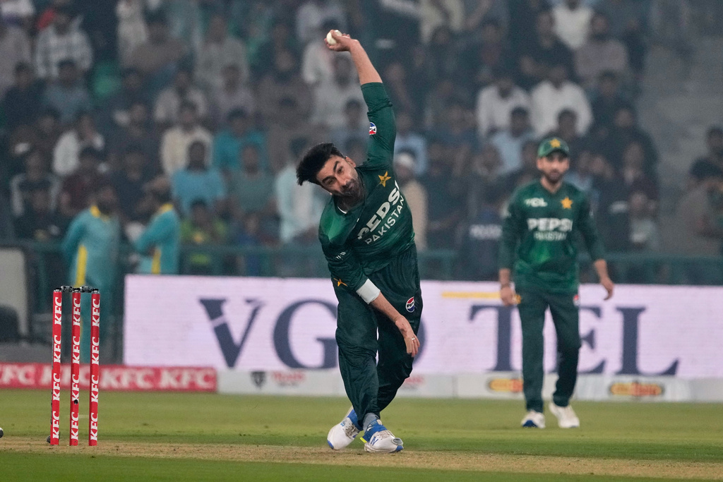 Pakistan's Salman Mirza bowls during the second T20 cricket match between Pakistan and South Africa, in Lahore, Pakistan, Friday, Oct. 31, 2025. (AP Photo/K.M. Chaudary)