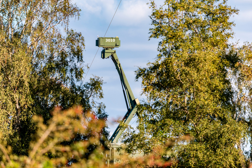 A mobile radar installation is seen at the Danish military site on Amager, Pionegaarden, near the village of Dragoer and on the coast of Oresund, the sea between Denmark and Sweden, on Friday, Sept. 26, 2025. (Steven Knap/Ritzau Scanpix via AP)