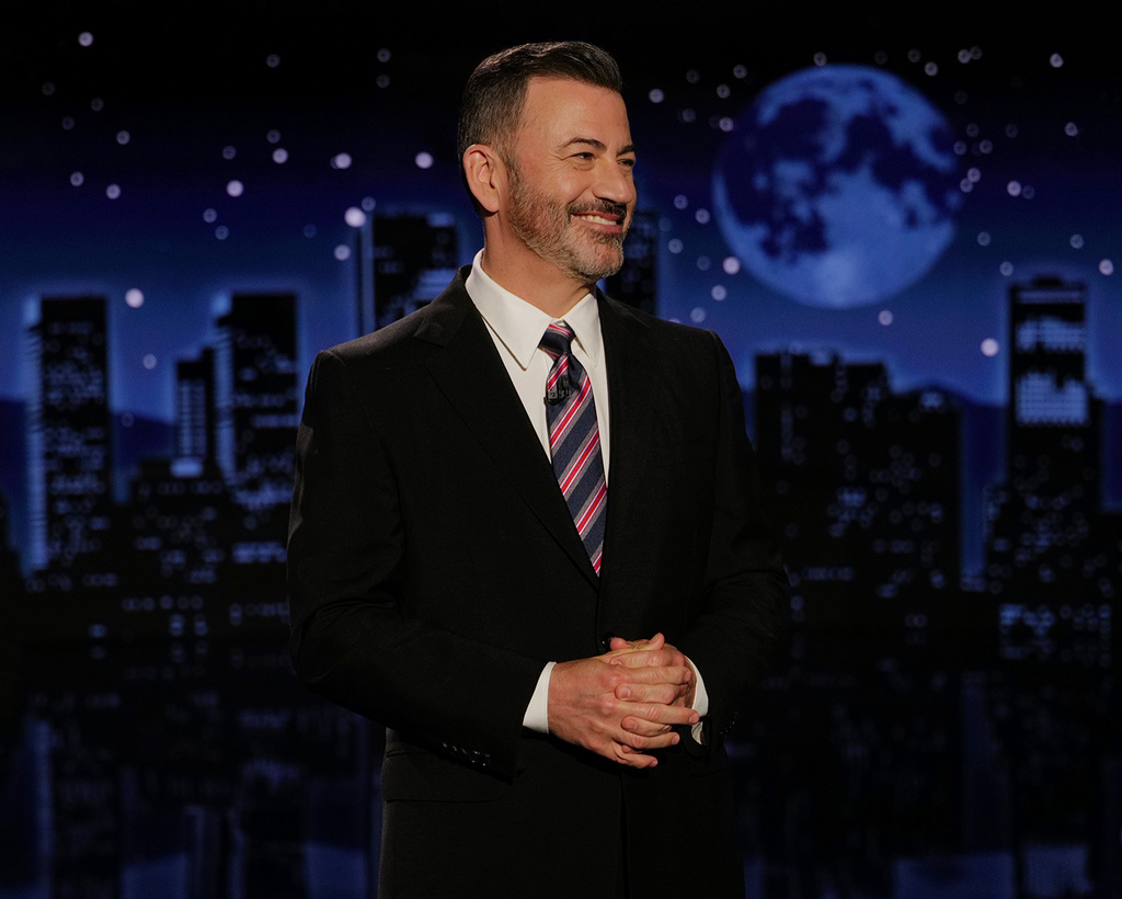 This image released by Disney shows Jimmy Kimmel hosting his late night show "Jimmy Kimmel Live!" in Los Angeles on Tuesday, Sept. 23, 2025. (Randy Holmes/Disney via AP)