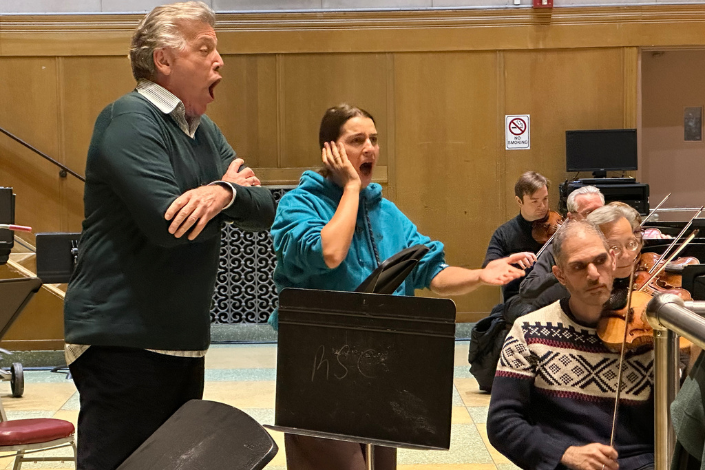 Baritone Thomas Hampson and soprano Asmik Gregorian rehearse at Riverside Church in New York on Friday, Dec. 26, 2025. (AP Photo/Ron Blum)