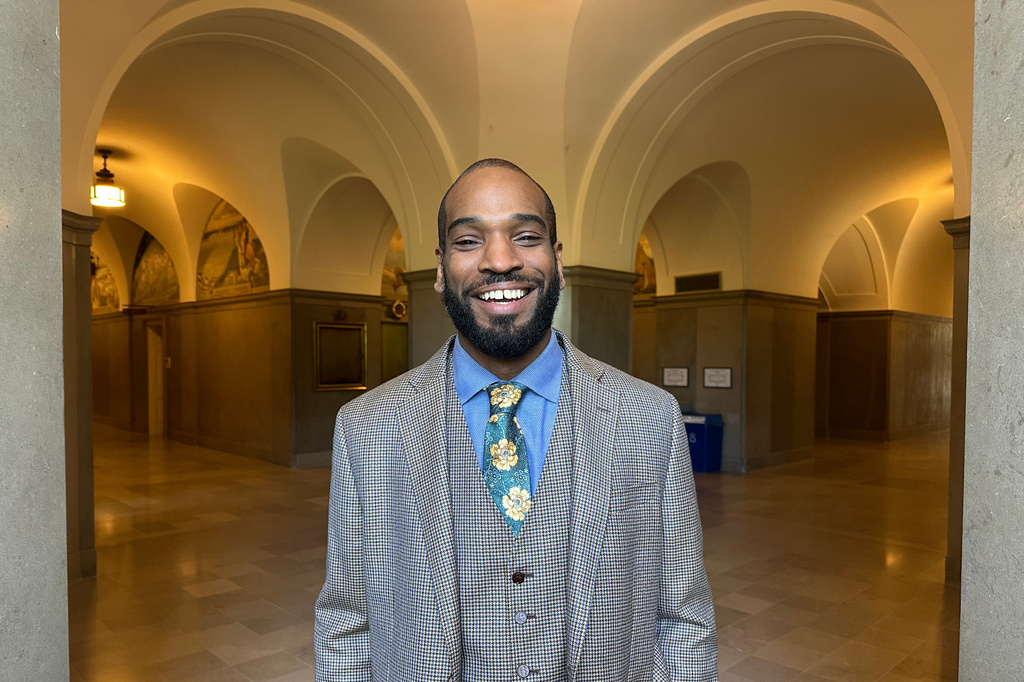 Former Missouri state Rep. Wiley Price stands in the hallway of the Missouri Capitol on Tuesday, April 21, 2026, in Jefferson City, Mo. (AP Photo/David A. Lieb)