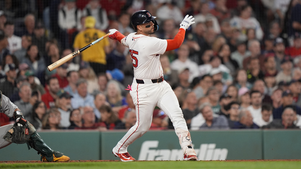 Boston Red Sox Carlos Narváez hits an RBI double in the third inning against the Athletics in a baseball game, Tuesday, Sept. 16, 2025, in Boston. (AP Photo/Robert F. Bukaty)
