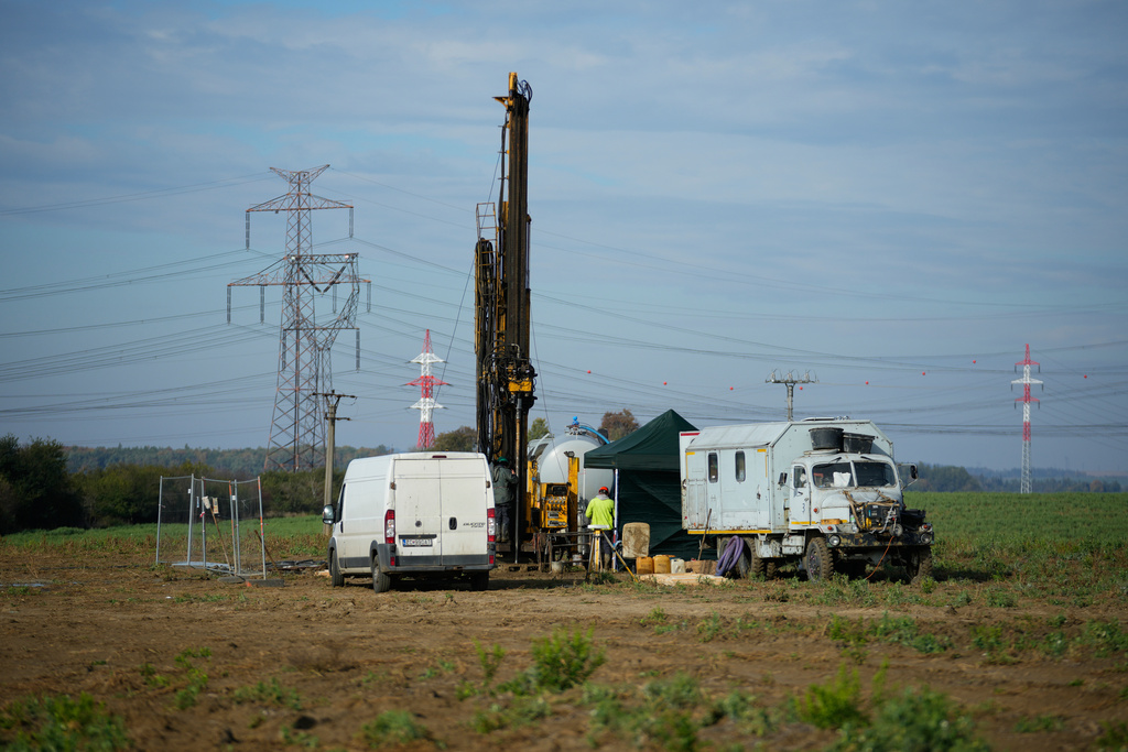 Workers conduct a geological survey to make sure the site is suitable for an expansion of the Dukovany nuclear power plant in Dukovany, Czech Republic, Oct. 21, 2025. (AP Photo/Petr David Josek)