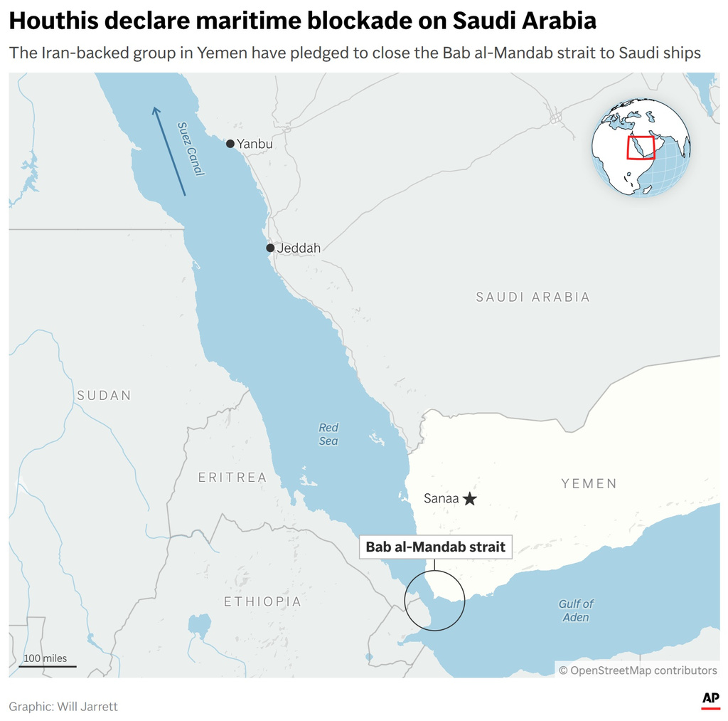 A map showing Yemen, the Bab al-Mandab strait and the surrounding area. (AP Digital Embed)