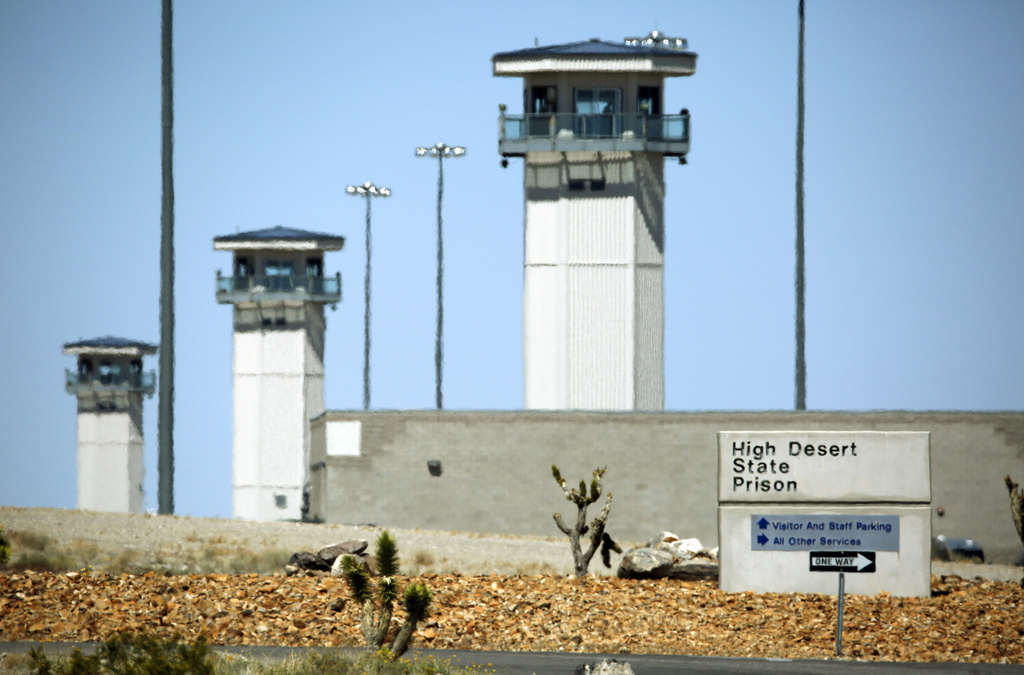 FILE - Towers view over the High Desert State Prison in Indian Springs, Nev., April 15, 2015. (AP Photo/John Locher, File)