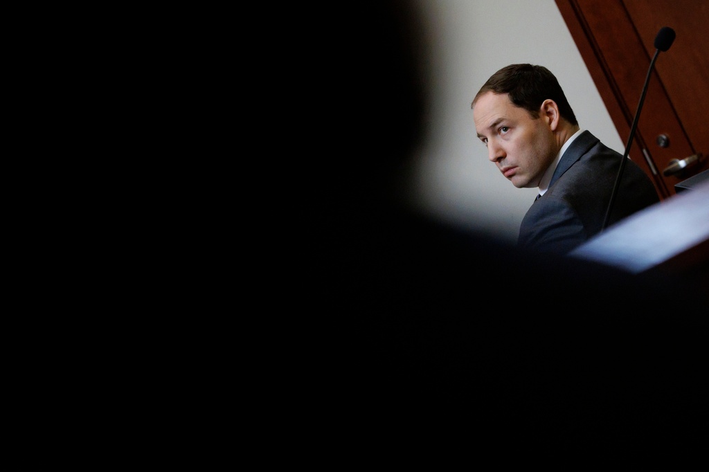 Brendan Banfield testifies during his double murder trial in Fairfax County Circuit Court, Wednesday, Jan. 14, 2026, in Fairfax, Va. (AP Photo/Tom Brenner, Pool)