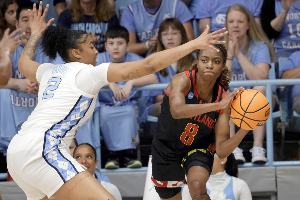 Maryland guard Kyndal Walker (8) looks to pass against North Carolina forward Nyla Harris (2) during the first half in the second round of the NCAA college basketball tournament, Sunday, March 22, 2026, in Chapel Hill, N.C. (AP Photo/Chris Seward)
