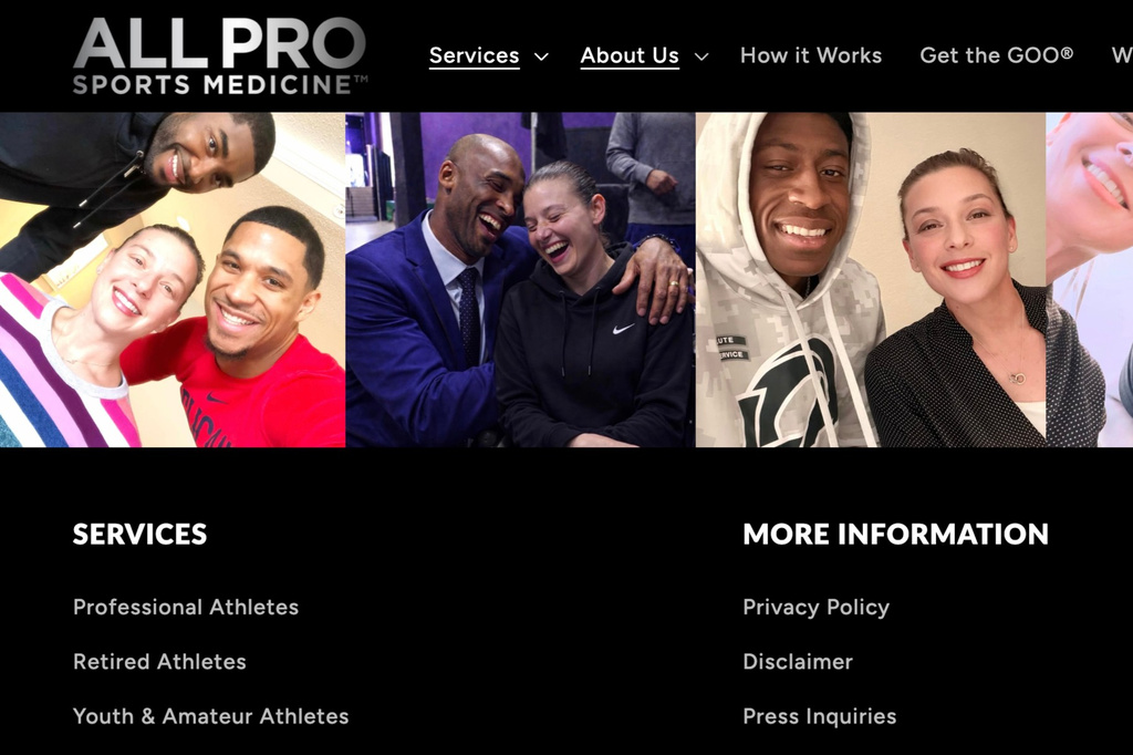 This image shows part of Joan Rubinger’s All Pro Sports Medicine website in August 2026, displaying social media photos of her with several celebrity athletes. (AP Photo)