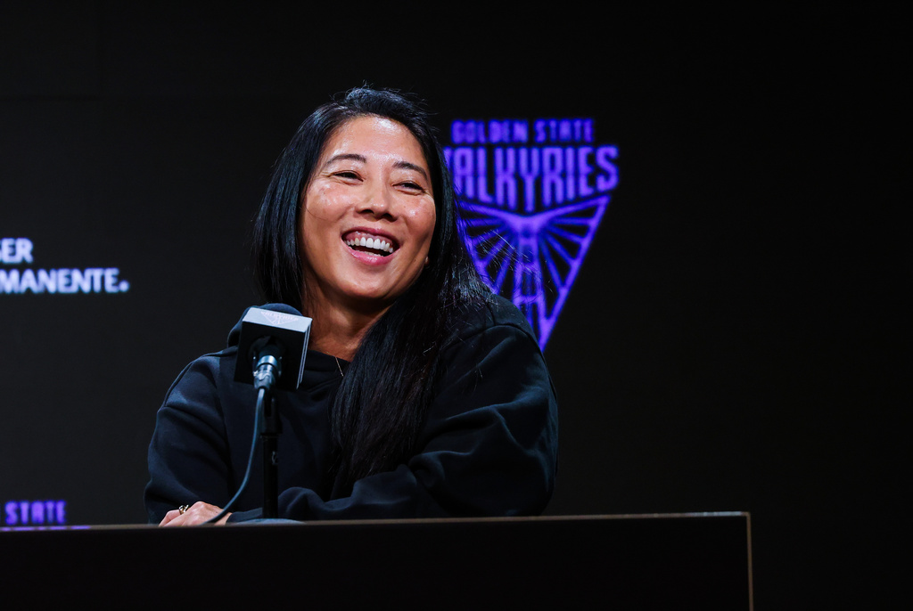 Golden State Valkyries head coach Natalie Nakase answers a question during a news conference after introducing forward Gabby Williams to the team before of a preseason WNBA basketball game against the Seattle Storm in San Francisco, Saturday, April 25, 2026. (Yalonda M. James/San Francisco Chronicle via AP)