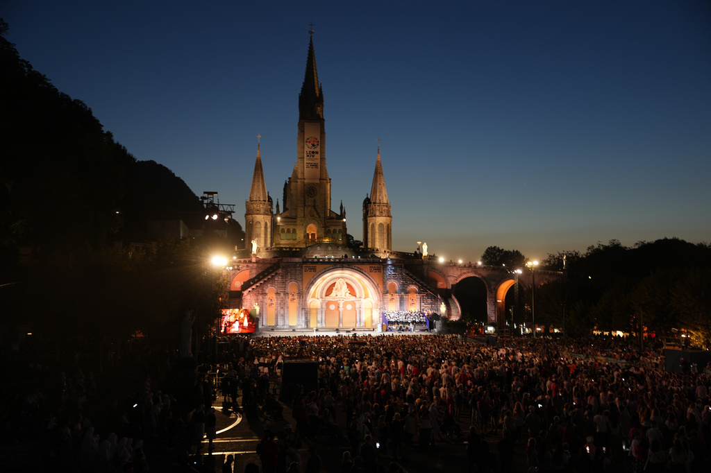 The Notre-Dame-du-Rosaire Basilica is seen during the prayer of Pope Leo XIV in Lourdes, France, Saturday, Sept. 26, 2026. (AP Photo/Thibault Camus)